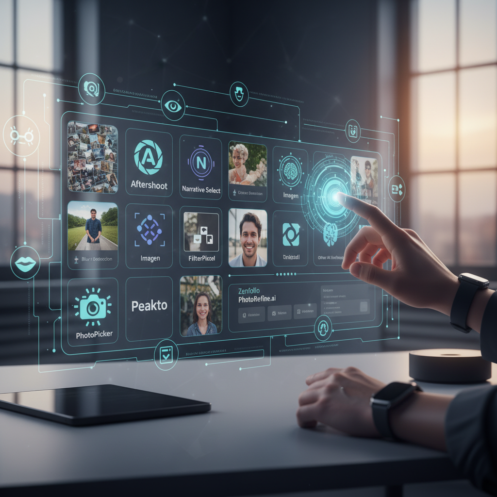 Various AI photo culling app logos and interfaces displayed on different devices.