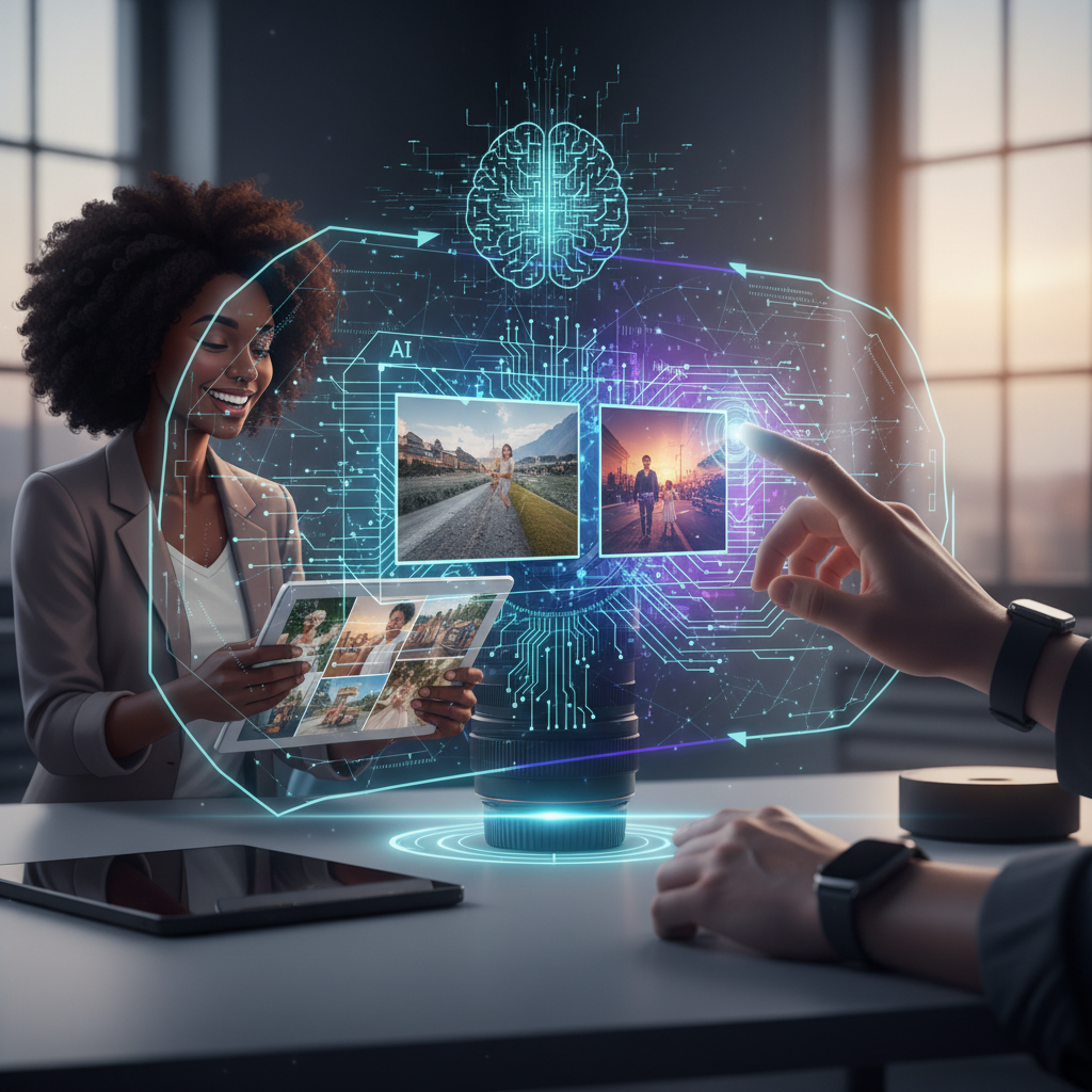Futuristic interface showing AI-powered photo organization and storytelling capabilities.