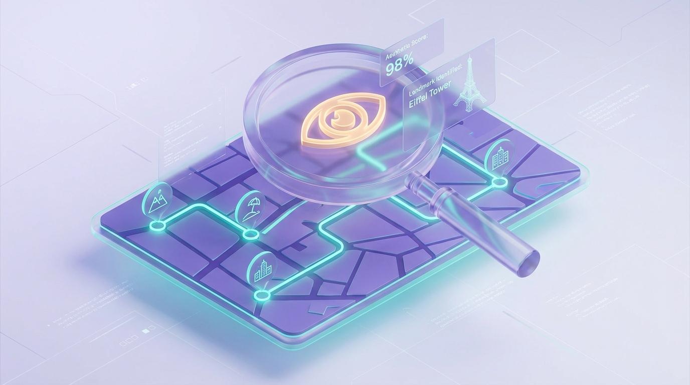 Graphic illustrating how AI uses computer vision and GPS to map vacation photos.
