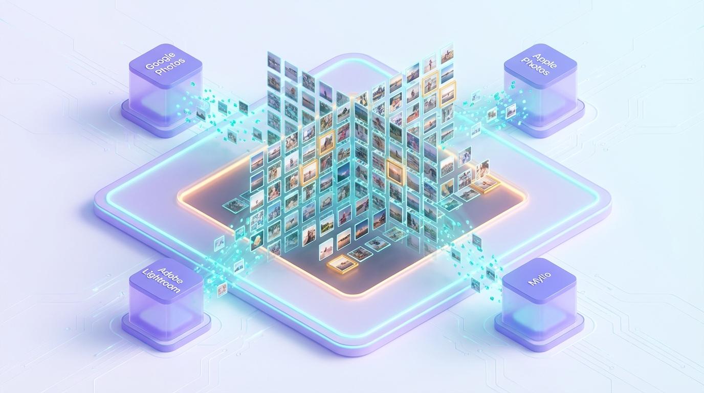 A 3D isometric visualization of a central digital photo hub.
